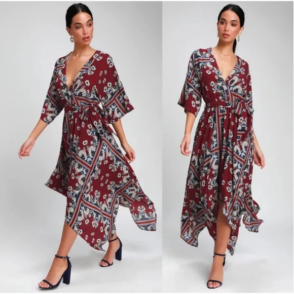 Lulus Delta Floral Print Dress Womens Small Burgundy Asymmetrical Flowy Romantic - Picture 1 of 16